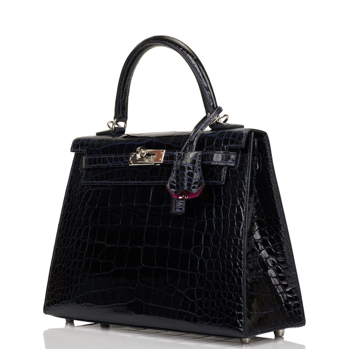 Hermes Kelly 25 Sellier Bleu Marine Verso Shiny Alligator Palladium Hardware