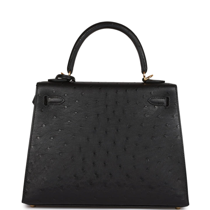 Hermes Kelly 25 Sellier Black Ostrich Gold Hardware