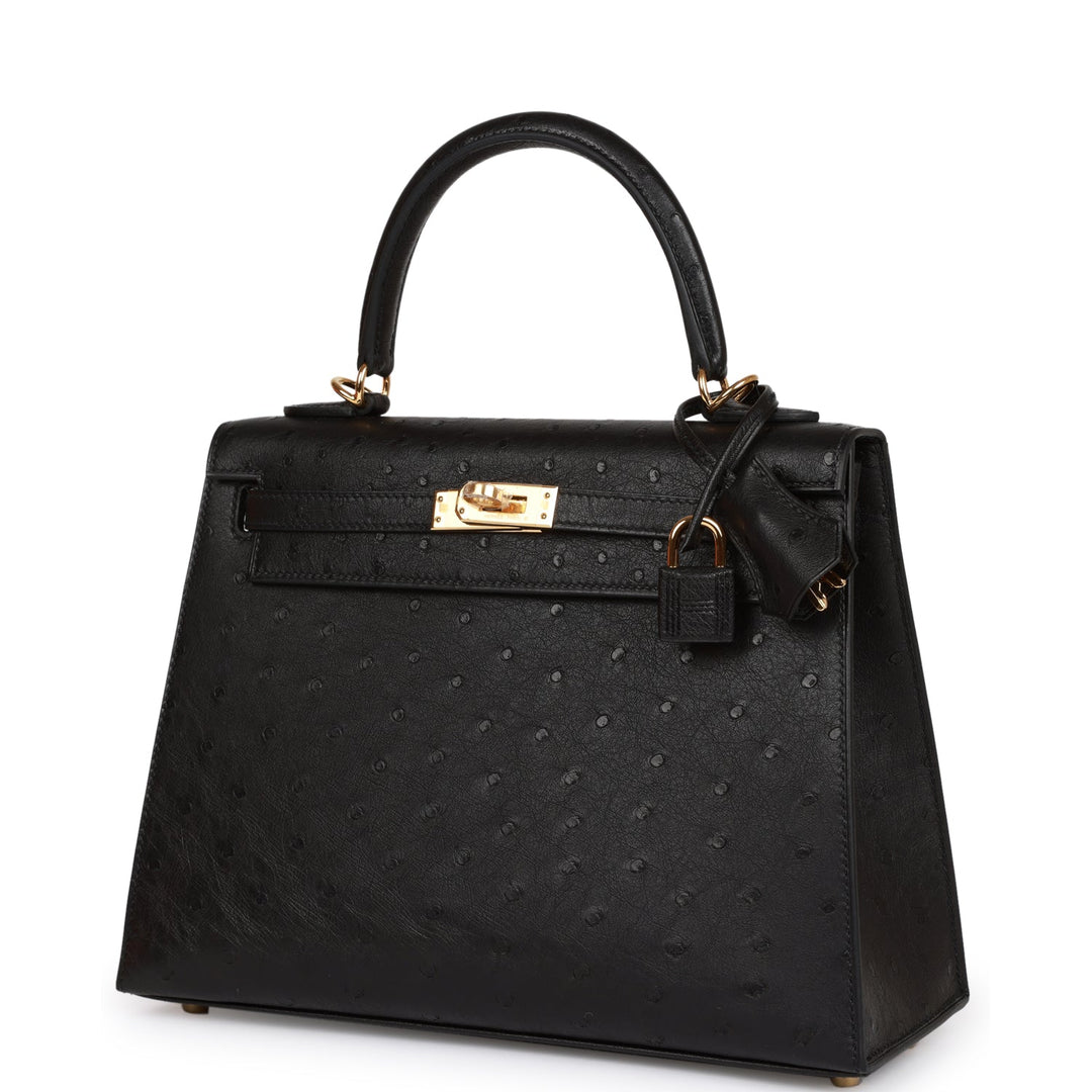 Hermes Kelly 25 Sellier Black Ostrich Gold Hardware
