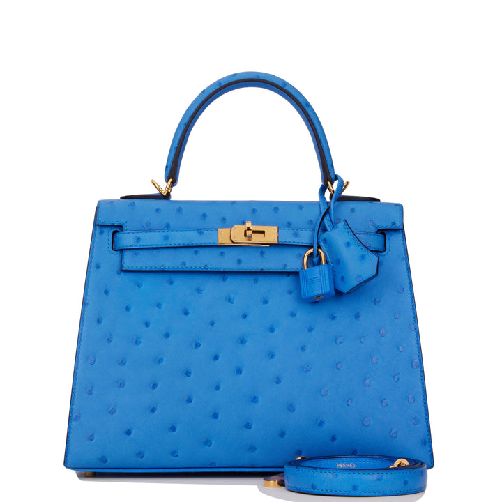 Hermes Kelly 25 Sellier Bleuet Ostrich Gold Hardware
