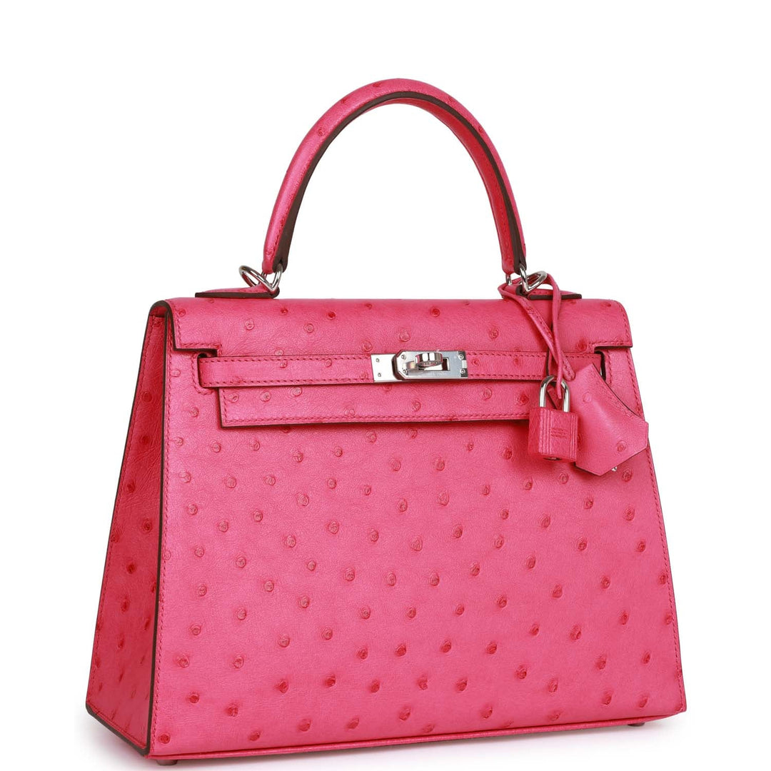 Hermes Kelly 25 Sellier Rose Tyrien Verso Ostrich Palladium Hardware