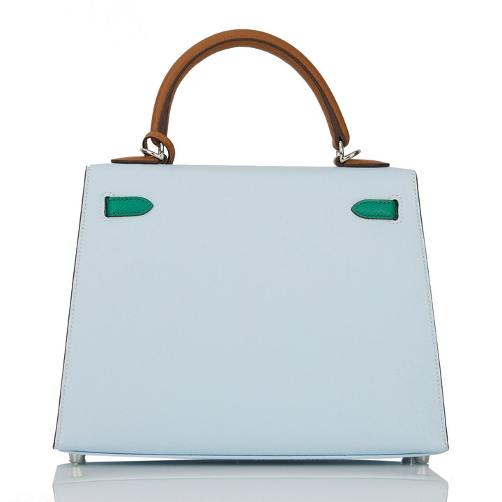 Hermes Kelly 25 Sellier Tri-Color Bleu Brume, Vert Jade and Gold Epsom Palladium Hardware