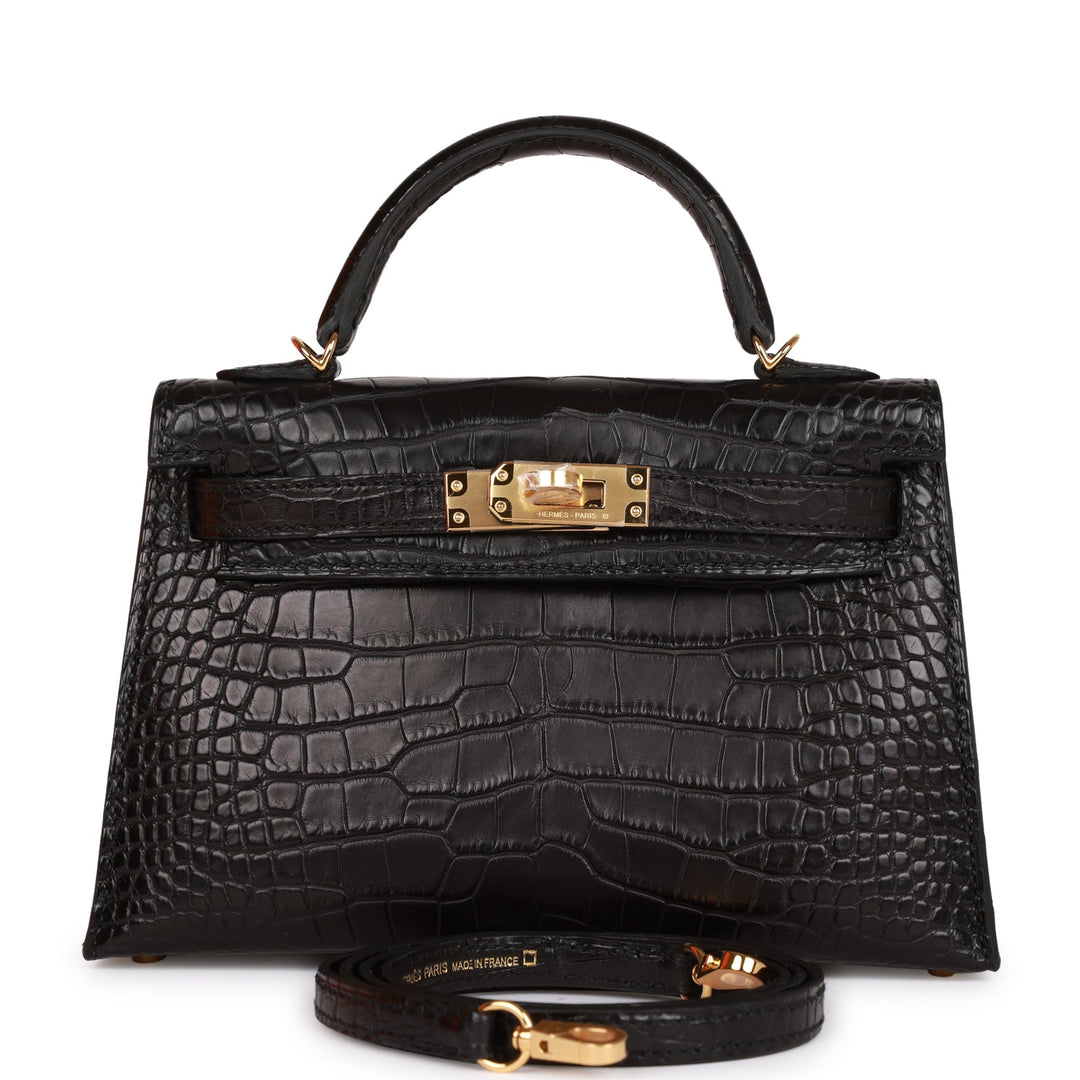 Hermes Kelly 20 Sellier Black Matte Alligator Gold Hardware