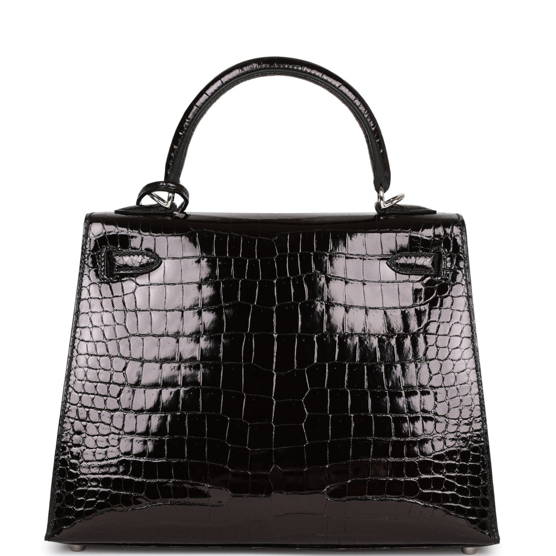 Hermes Kelly 25 Sellier Black Shiny Porosus Crocodile Palladium Hardware