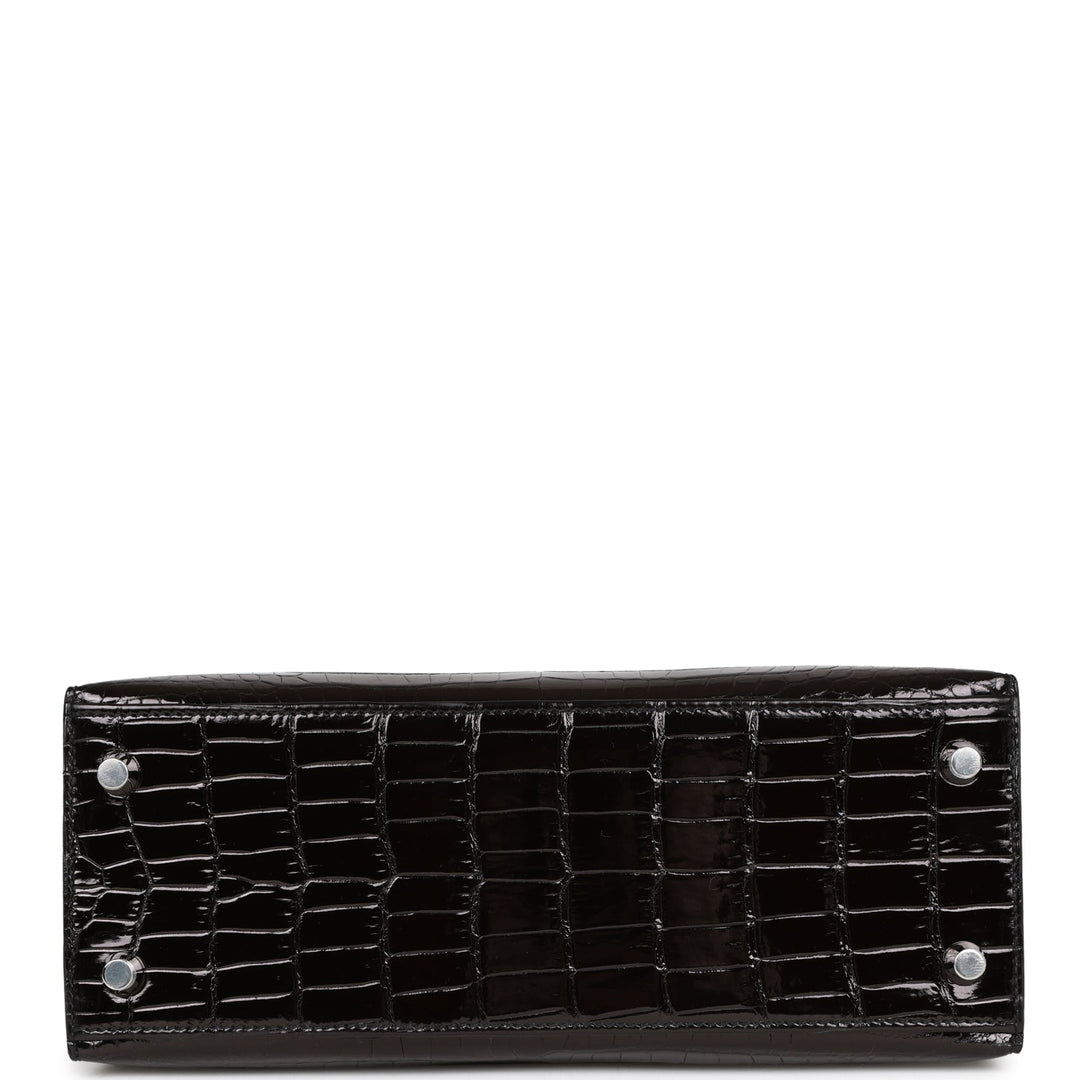 Hermes Kelly 25 Sellier Black Shiny Porosus Crocodile Palladium Hardware