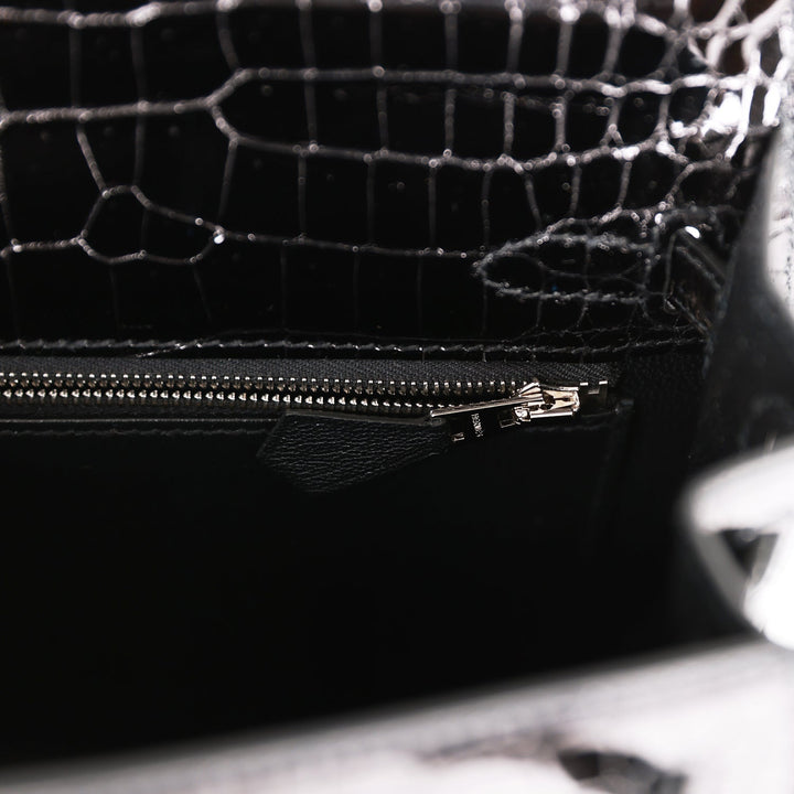 Hermes Kelly 25 Sellier Black Shiny Porosus Crocodile Palladium Hardware