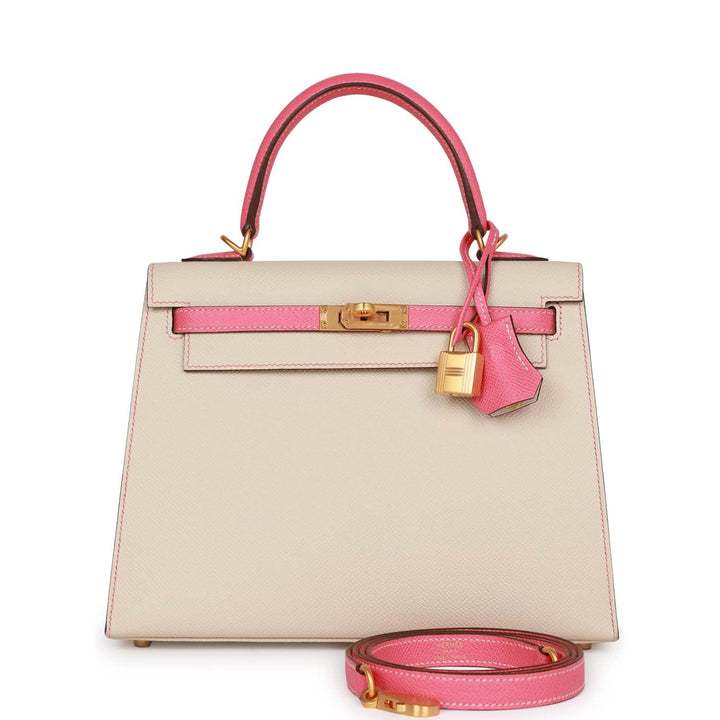 Top quality Hermes Special Order (HSS) Kelly Sellier 25 Craie and Rose Lipstick Epsom Brushed Gold Hardware