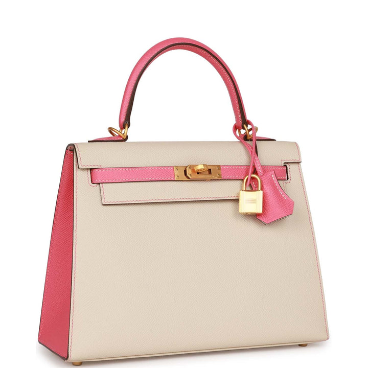 Top quality Hermes Special Order (HSS) Kelly Sellier 25 Craie and Rose Lipstick Epsom Brushed Gold Hardware