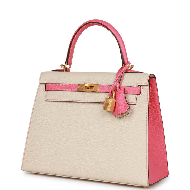 Top quality Hermes Special Order (HSS) Kelly Sellier 25 Craie and Rose Lipstick Epsom Brushed Gold Hardware