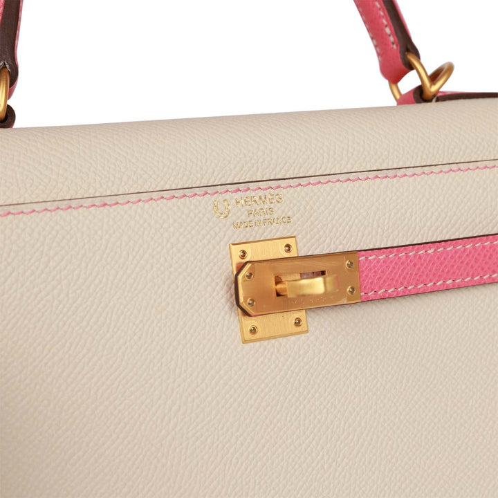 Top quality Hermes Special Order (HSS) Kelly Sellier 25 Craie and Rose Lipstick Epsom Brushed Gold Hardware