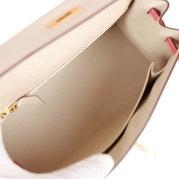 Top quality Hermes Special Order (HSS) Kelly Sellier 25 Craie and Rose Lipstick Epsom Brushed Gold Hardware