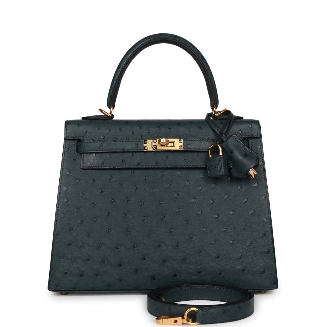 Top quality Hermes Kelly Sellier 25 Vert Cypress Ostrich Gold Hardware