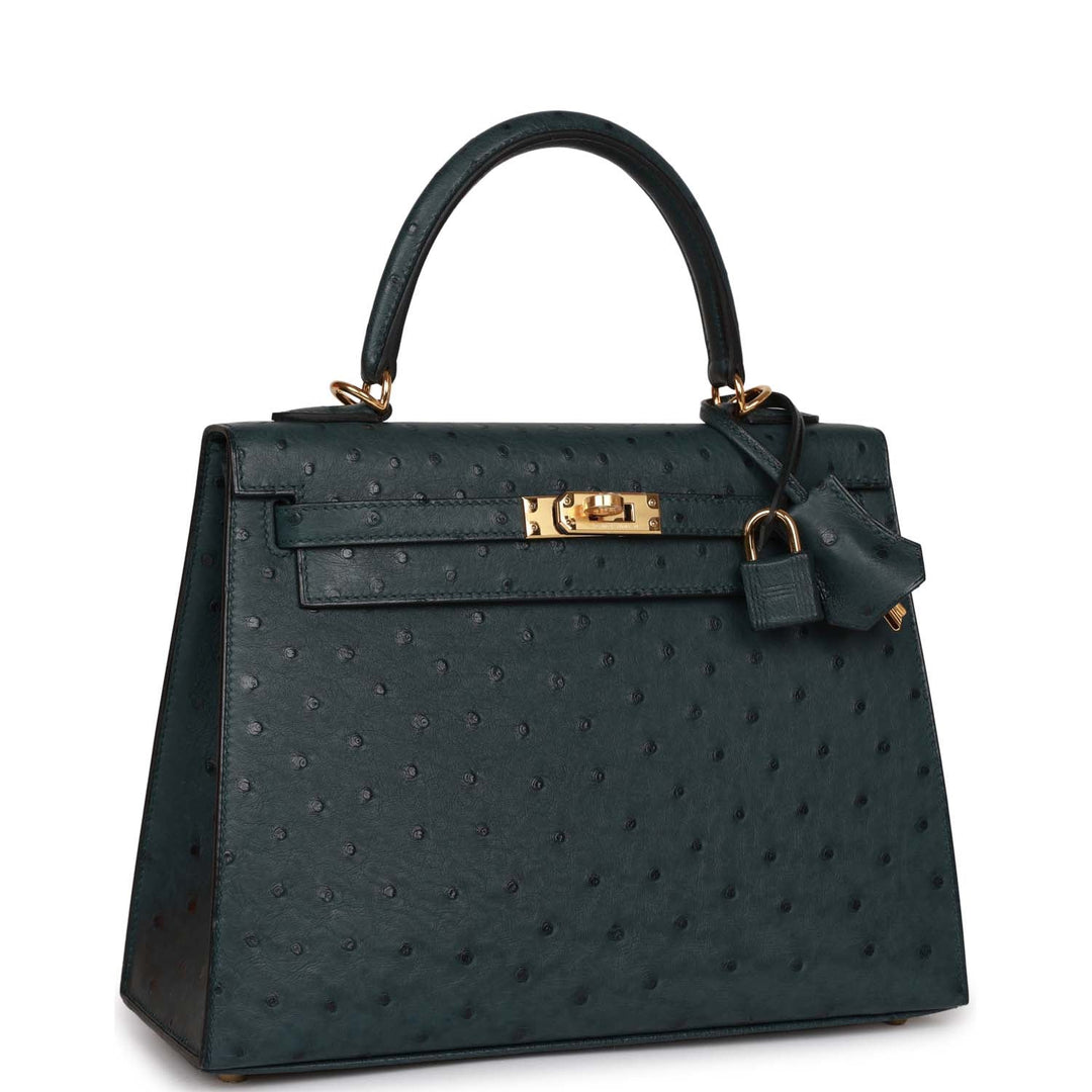 Top quality Hermes Kelly Sellier 25 Vert Cypress Ostrich Gold Hardware