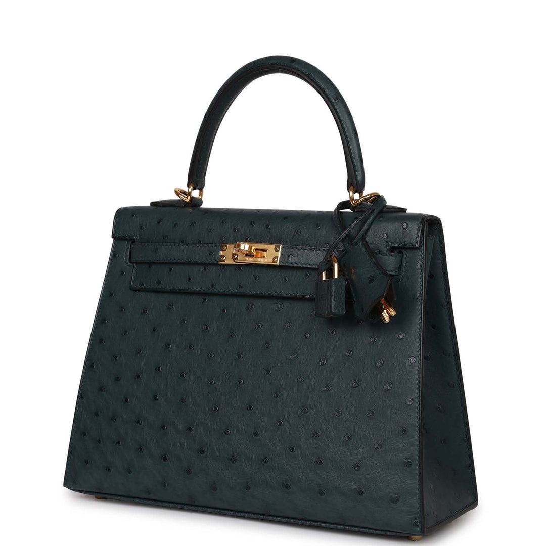 Top quality Hermes Kelly Sellier 25 Vert Cypress Ostrich Gold Hardware