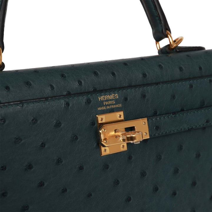 Top quality Hermes Kelly Sellier 25 Vert Cypress Ostrich Gold Hardware