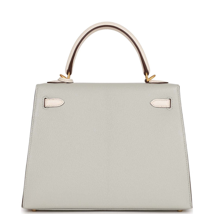 Hermes Special Order (HSS) Kelly Sellier 25 Gris Perle and Nata Chevre Brushed Gold Hardware