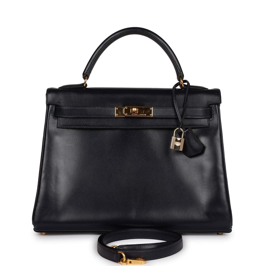 Vintage Top quality Hermes Kelly Retourne 32 Navy Box Gold Hardware