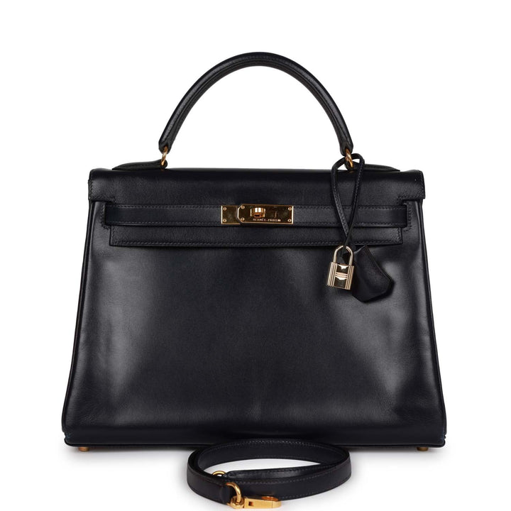 Vintage Top quality Hermes Kelly Retourne 32 Navy Box Gold Hardware