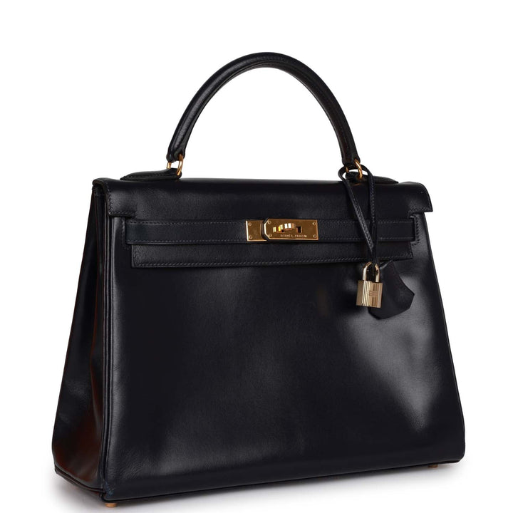 Vintage Top quality Hermes Kelly Retourne 32 Navy Box Gold Hardware