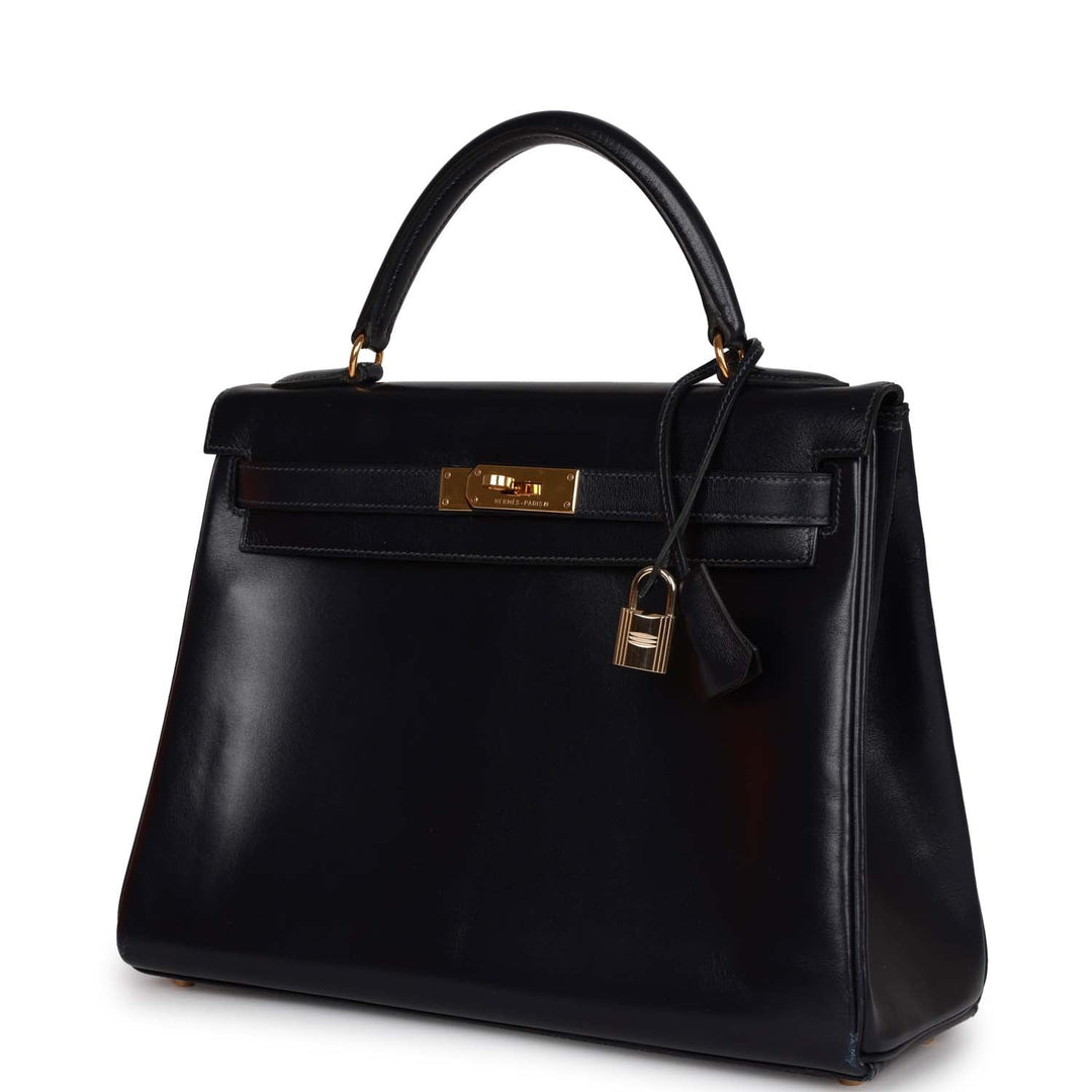 Vintage Top quality Hermes Kelly Retourne 32 Navy Box Gold Hardware