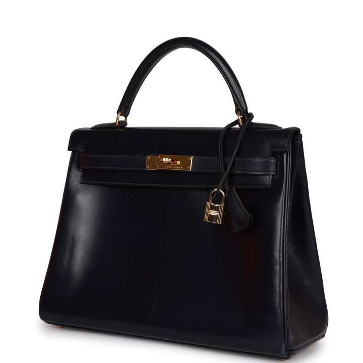 Vintage Top quality Hermes Kelly Retourne 32 Navy Box Gold Hardware