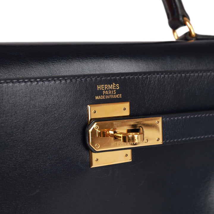 Vintage Top quality Hermes Kelly Retourne 32 Navy Box Gold Hardware