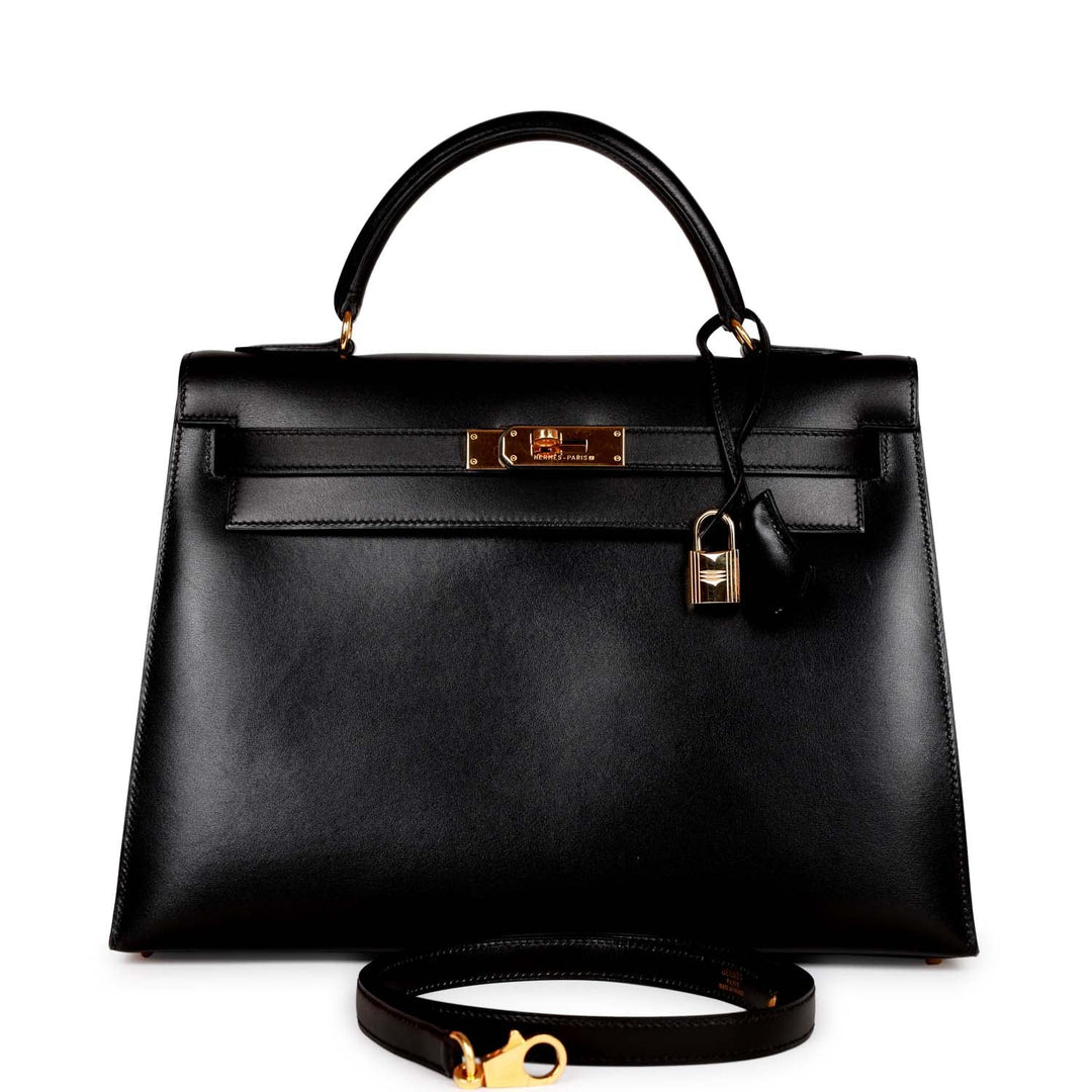 Vintage Top quality Hermes Kelly Sellier 32 Black Box Gold Hardware