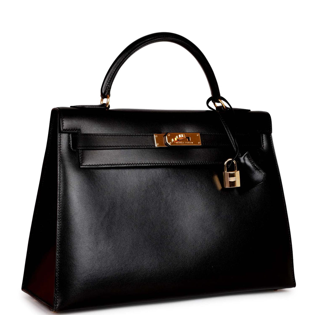 Vintage Top quality Hermes Kelly Sellier 32 Black Box Gold Hardware