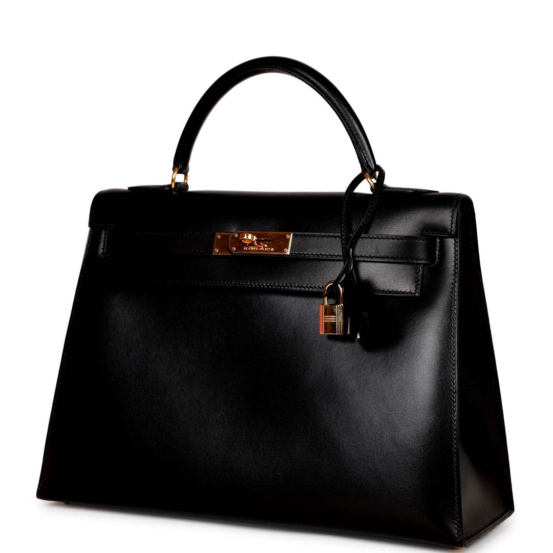 Vintage Top quality Hermes Kelly Sellier 32 Black Box Gold Hardware