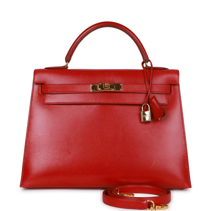 Vintage Top quality Hermes Kelly Sellier 32 Rouge Vif Box Gold Hardware