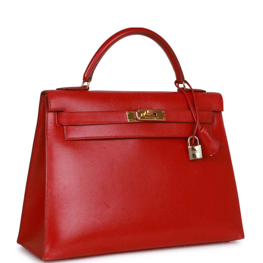 Vintage Top quality Hermes Kelly Sellier 32 Rouge Vif Box Gold Hardware