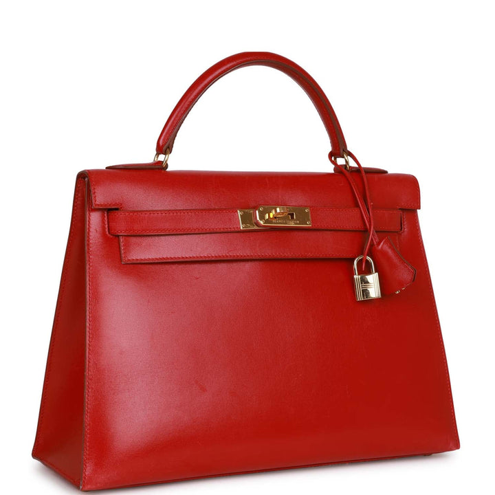 Vintage Top quality Hermes Kelly Sellier 32 Rouge Vif Box Gold Hardware
