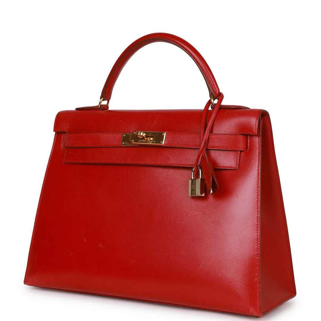 Vintage Top quality Hermes Kelly Sellier 32 Rouge Vif Box Gold Hardware