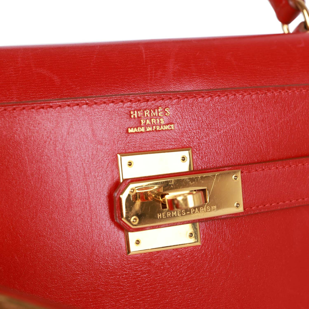 Vintage Top quality Hermes Kelly Sellier 32 Rouge Vif Box Gold Hardware