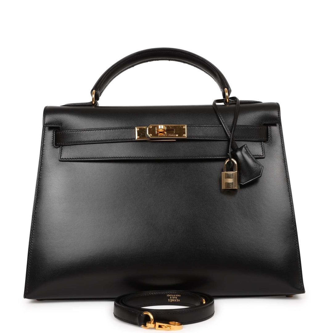 Vintage Top quality Hermes Kelly Sellier 32 Black Box Gold Hardware