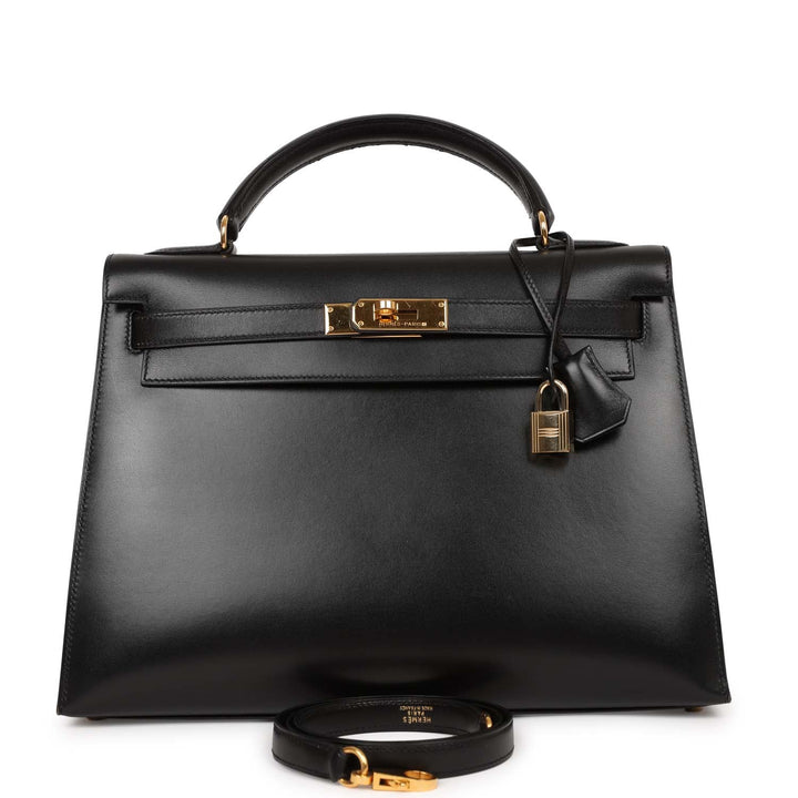 Vintage Top quality Hermes Kelly Sellier 32 Black Box Gold Hardware