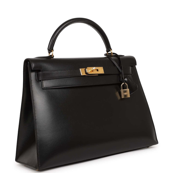 Vintage Top quality Hermes Kelly Sellier 32 Black Box Gold Hardware