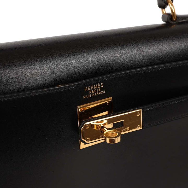 Vintage Top quality Hermes Kelly Sellier 32 Black Box Gold Hardware