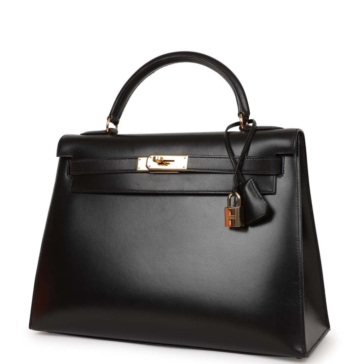 Vintage Top quality Hermes Kelly Sellier 32 Black Box Gold Hardware