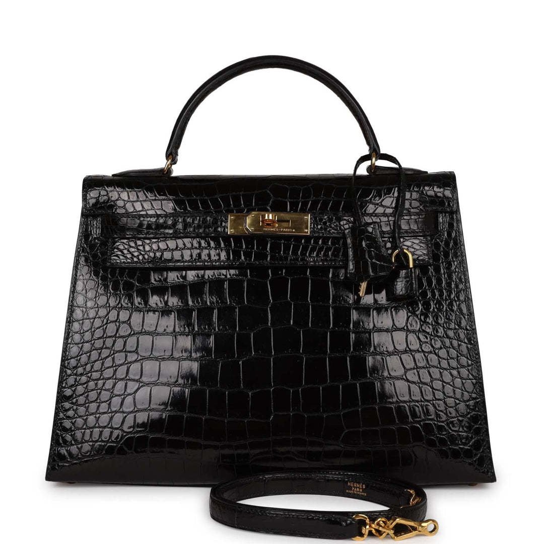 Vintage Top quality Hermes Kelly Sellier 32 Black Shiny Niloticus Crocodile Gold Hardware