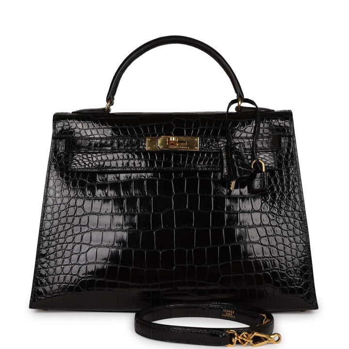 Vintage Top quality Hermes Kelly Sellier 32 Black Shiny Niloticus Crocodile Gold Hardware