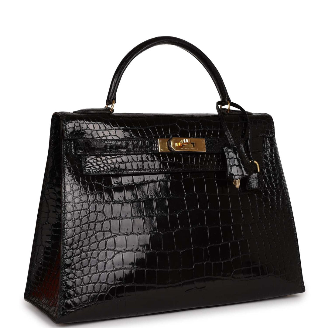 Vintage Top quality Hermes Kelly Sellier 32 Black Shiny Niloticus Crocodile Gold Hardware