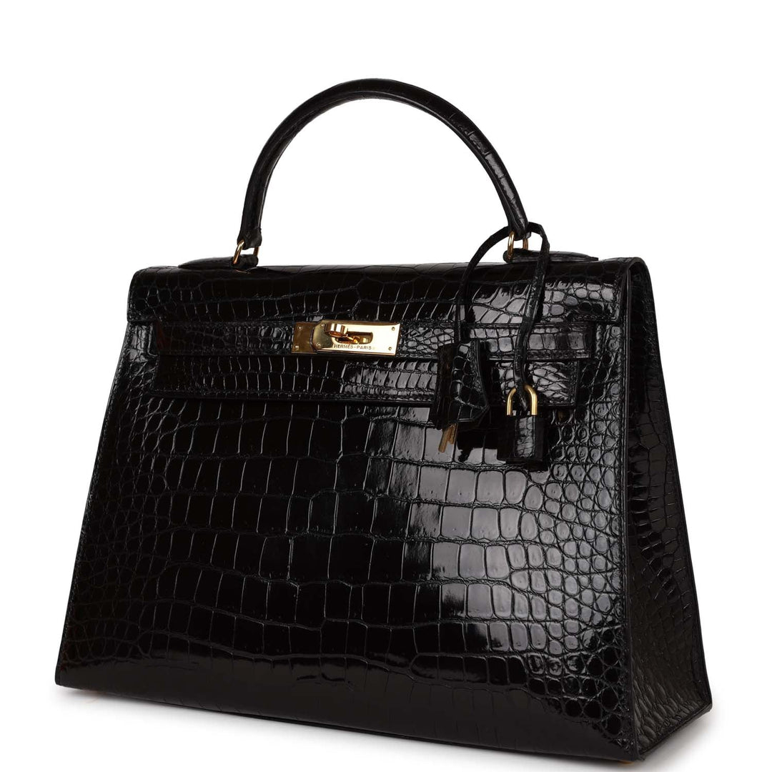 Vintage Top quality Hermes Kelly Sellier 32 Black Shiny Niloticus Crocodile Gold Hardware
