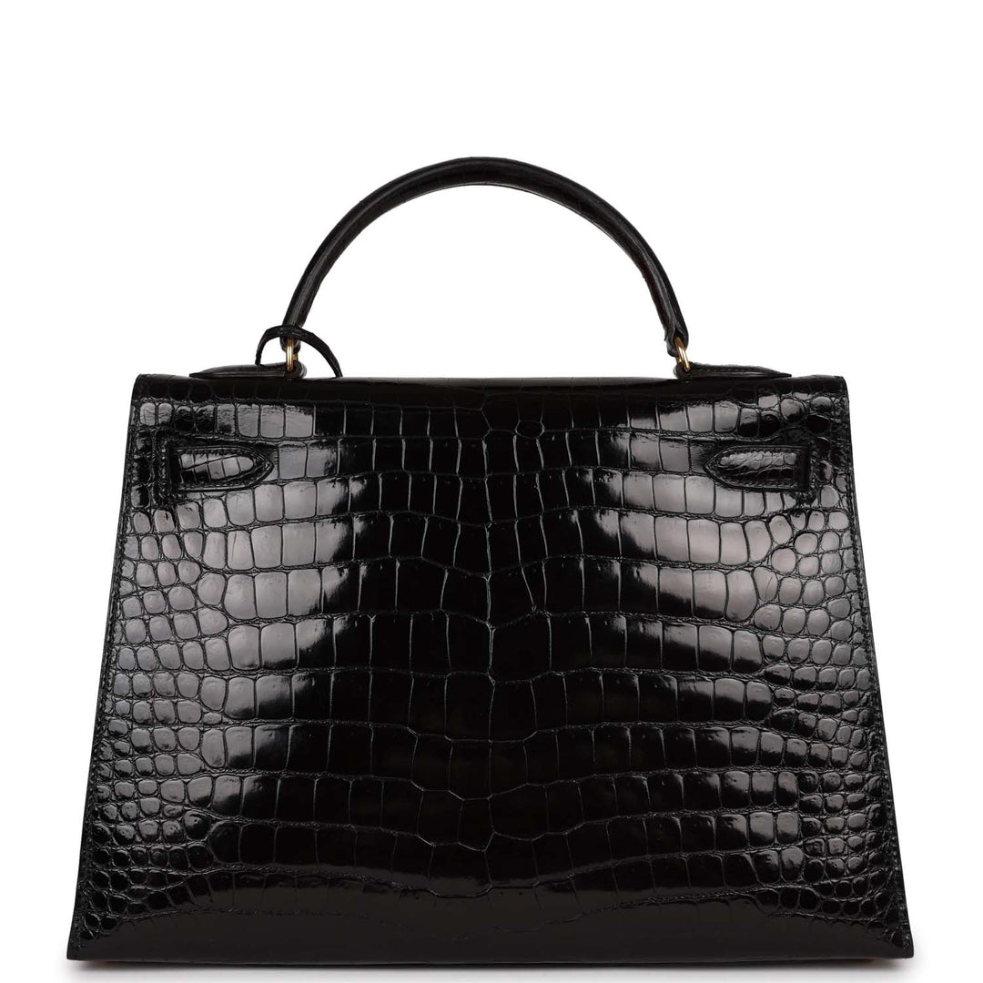 Vintage Top quality Hermes Kelly Sellier 32 Black Shiny Niloticus Crocodile Gold Hardware