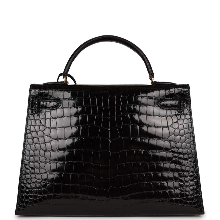 Vintage Top quality Hermes Kelly Sellier 32 Black Shiny Niloticus Crocodile Gold Hardware