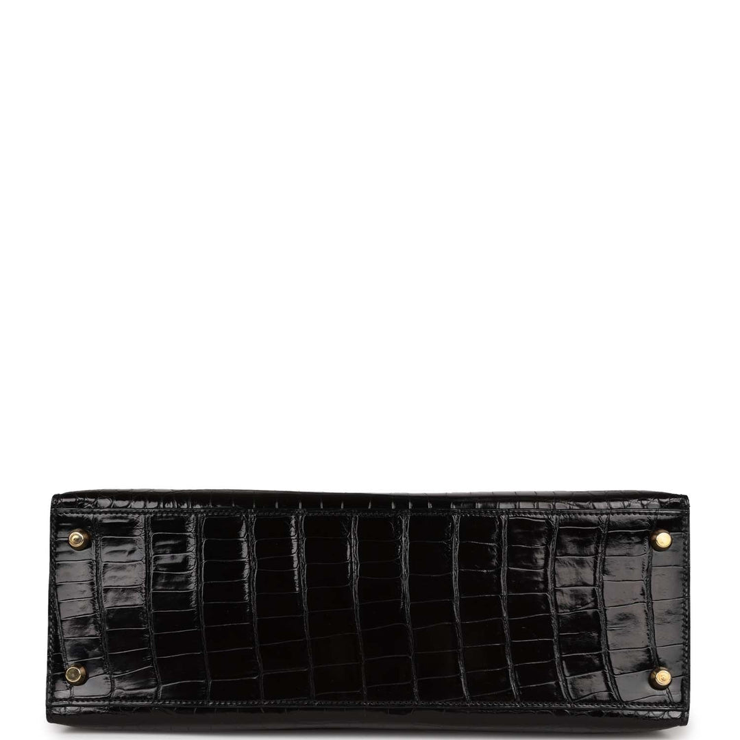 Vintage Top quality Hermes Kelly Sellier 32 Black Shiny Niloticus Crocodile Gold Hardware