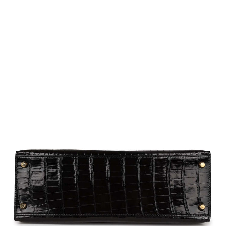 Vintage Top quality Hermes Kelly Sellier 32 Black Shiny Niloticus Crocodile Gold Hardware