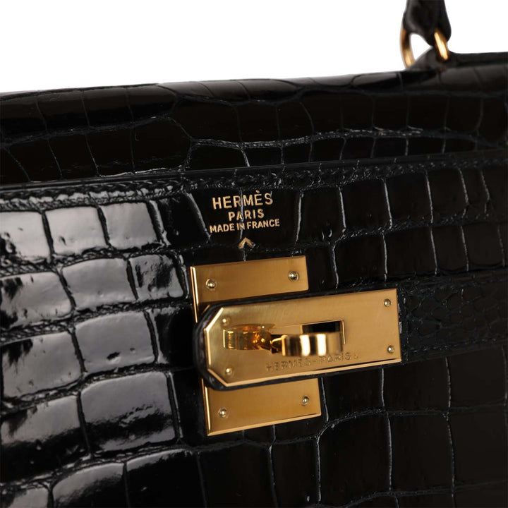 Vintage Top quality Hermes Kelly Sellier 32 Black Shiny Niloticus Crocodile Gold Hardware