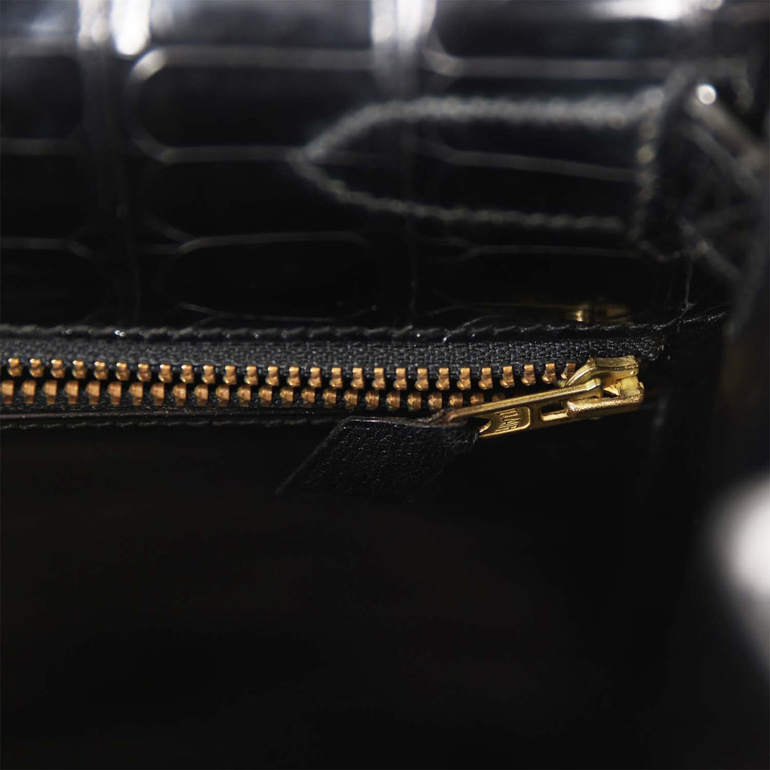 Vintage Top quality Hermes Kelly Sellier 32 Black Shiny Niloticus Crocodile Gold Hardware