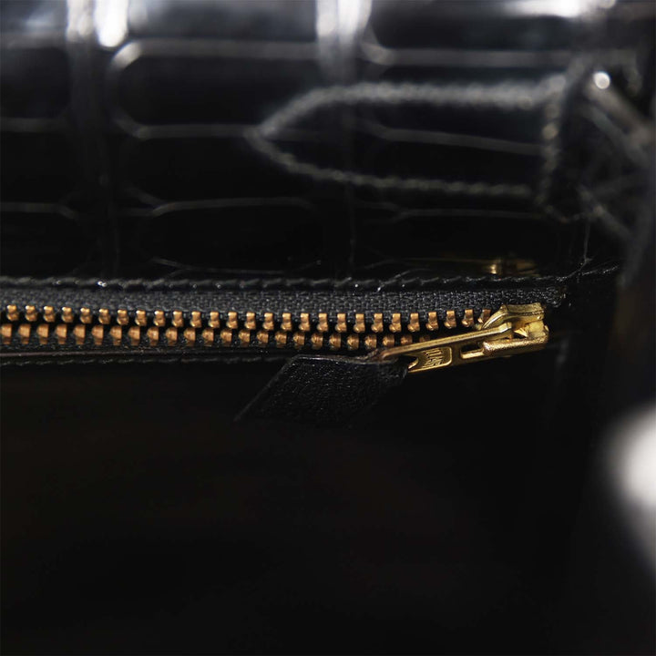 Vintage Top quality Hermes Kelly Sellier 32 Black Shiny Niloticus Crocodile Gold Hardware